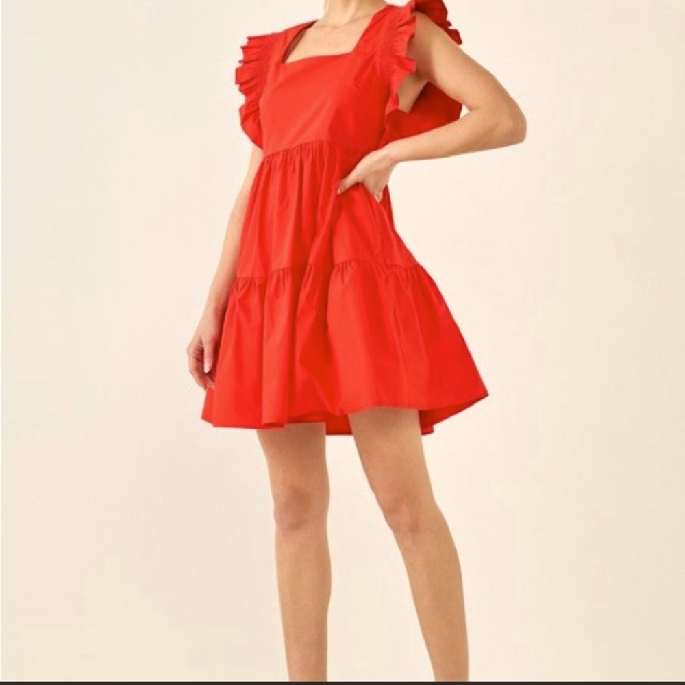English Factory Red Ruffle Dress- Never worn! Size: XS